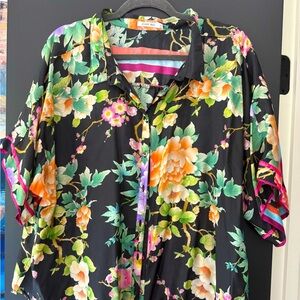 Johnny Was Black Floral Button Down SILK camp shirt blouse